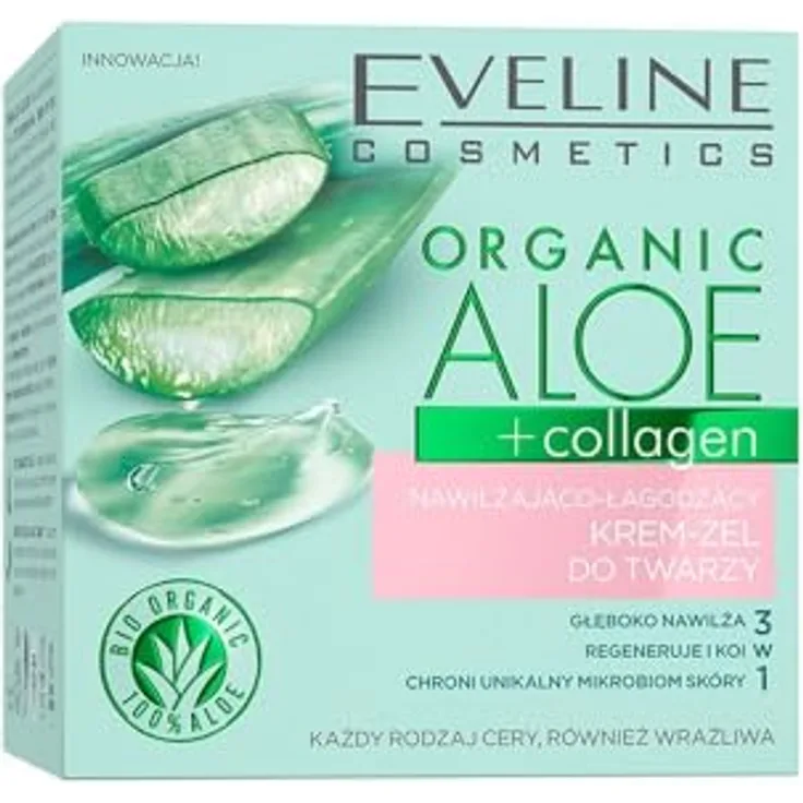 Eveline Cosmetics Organic Aloe+Collagen Feuchtigkeitsberuhigende Gesichts-Gel-Creme, Tiefenfeuchtigkeit & Komfort mit ALOE HYDRA DEEP SYSTEM, Vegan, 98% natürliche Inhaltsstoffe