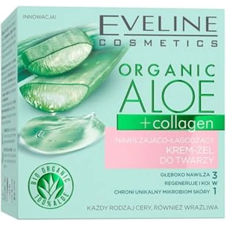 Eveline Cosmetics Organic Aloe+Collagen Feuchtigkeitsberuhigende Gesichts-Gel-Creme, Tiefenfeuchtigkeit & Komfort mit ALOE HYDRA DEEP SYSTEM, Vegan, 98% natürliche Inhaltsstoffe