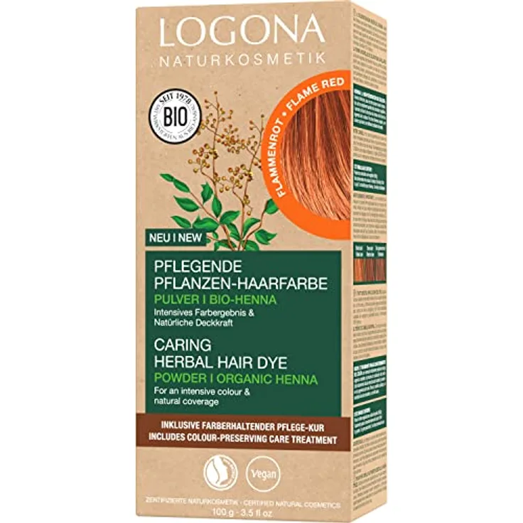 LOGONA Naturkosmetik Pflegende pflanzliche Haarfarbe, Veganes Haarfarbe-Pulver mit Bio-Henna für intensive Farbe und Glanz, Pflanzenhaarfarbe in Flammenrot (Rot), 1 x 100g