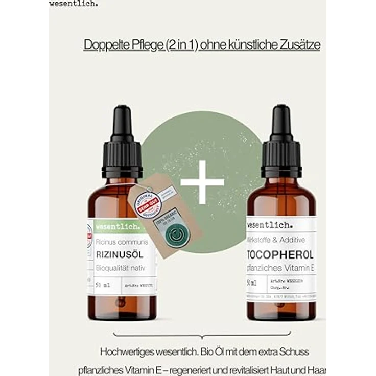 wesentlich. Rizinusöl BIO 100ml, kaltgepresst & angereichert mit Vitamin E, für Gesicht, Haut, Wimpern & Haare, in Glasflasche mit Pumpspender – Bild 3