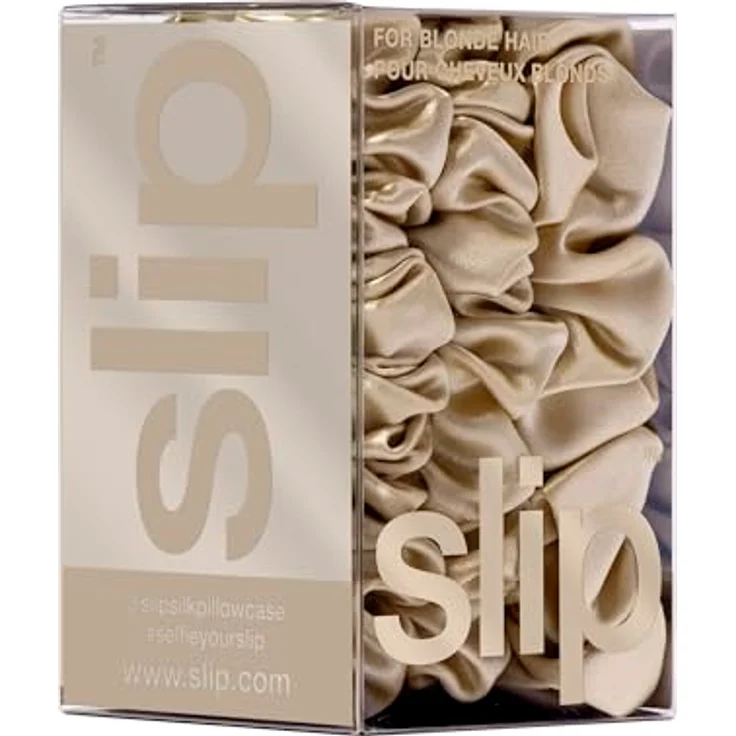 SLIP Silk Back to Basics 3-teiliges Haargummi-Set aus 100% Maulbeerseide - 2 x Scrunchies Mittel, 1 x Groß - Blond - Haarschonende Zopfgummis gegen Haarbruch – Bild 4