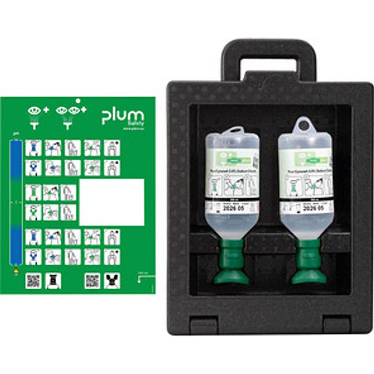 LEINA-WERKE Augenspülstation iBox 2 REF 44027, Wandmontage, tragbar, Kunststoff, schwarz-grün, inklusive 2x 500 ml Natriumchloridlösung