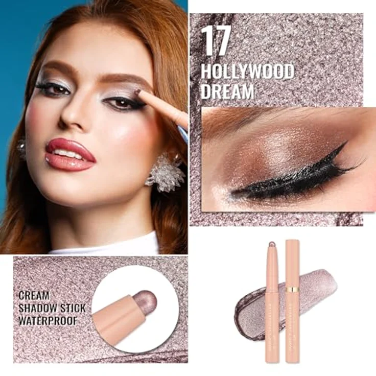 Oulac Lidschatten-Stift Taupe, Wasserdicht, 24 Stunden Halt, Metallic Finish, Vegan, 3.6g (17) Hollywood Dream – Bild 2