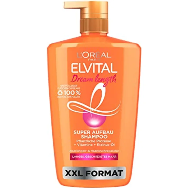 L'Oréal Paris Elvital XXL Shampoo gegen Spliss, Für traumhaft langes Haar, Mit Rizinus-Öl, Vitaminen und pflanzlichen Proteinen, Dream Length Super Aufbau Haarshampoo, 1 x 1000 ml