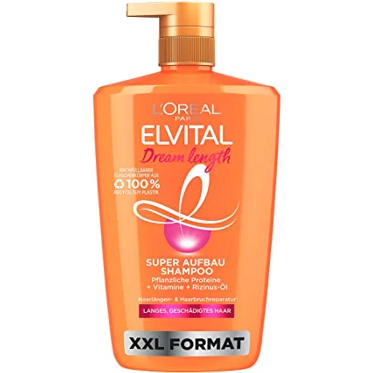 L'Oréal Paris Elvital XXL Shampoo gegen Spliss, Für traumhaft langes Haar, Mit Rizinus-Öl, Vitaminen und pflanzlichen Proteinen, Dream Length Super Aufbau Haarshampoo, 1 x 1000 ml – Bild 1