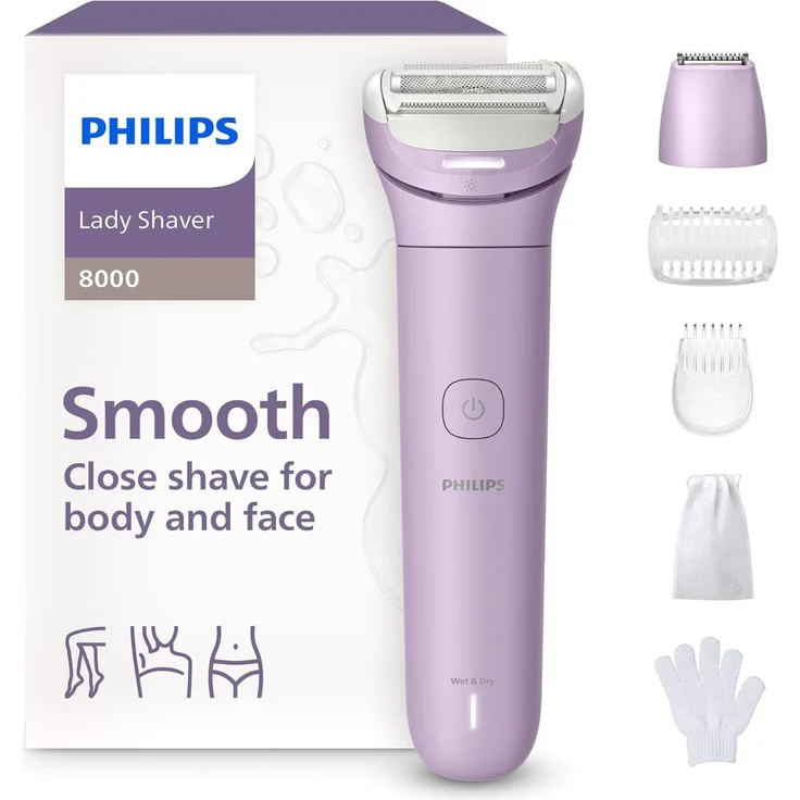 Philips Lady Shaver Series 8000, kabelloser elektrischer Rasierer für nass und trocken, 3-Klingen-System, flexibler Scherkopf, LED-Licht, für Beine und Körper