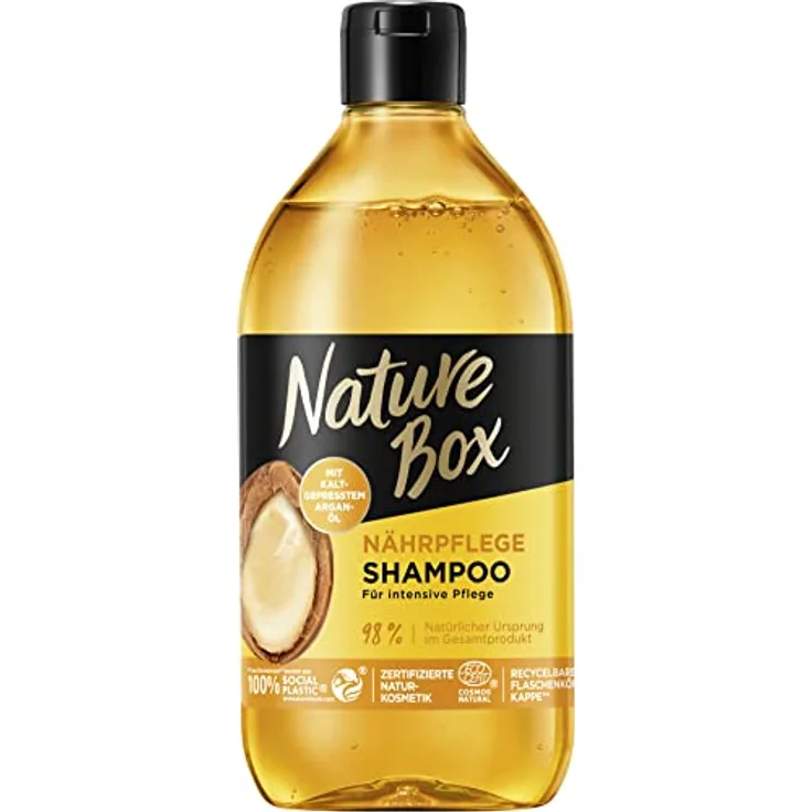 Nature Box Shampoo Nährpflege (385 ml), Shampoo für trockenes Haar mit Argan-Öl sorgt für intensive Pflege, Flasche aus 100 % Social Plastic