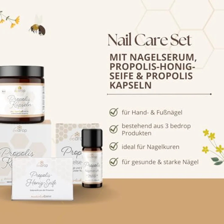 bedrop Propolis Nagelserum 10ml + Kapseln + Seife, Nagelpflege mit Propolis Teebaumöl Lavendelöl & weiteren Ölen, Nail Care Set – Bild 5