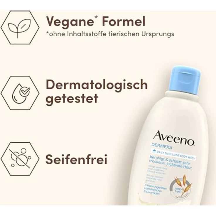 Aveeno Dermexa vegane Duschcreme seifenfreie Pflegedusche mit beruhigendem Haferkomplex, 300 ml, für sehr trockene, juckende, empfindliche, zu Ekzemen neigende Haut – Bild 4