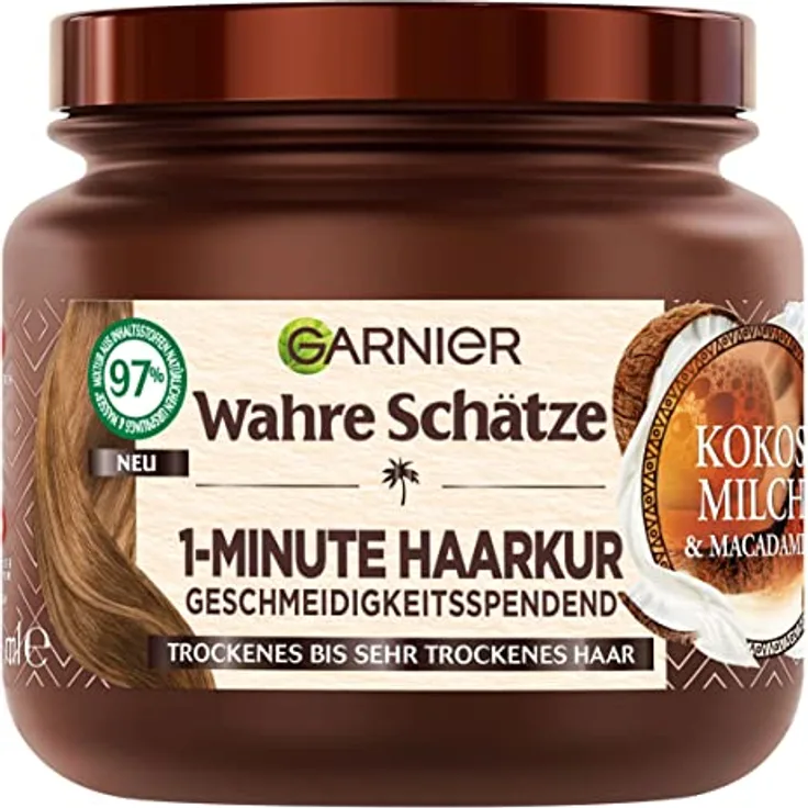 Wahre Schätze Nährende 1-Minute Haarkur für trockenes bis sehr trockenes Haar, Mit Kokosmilch und Macadamiaöl für neuen Glanz und Geschmeidigkeit, Vegane Formel, 1 x 340 ml