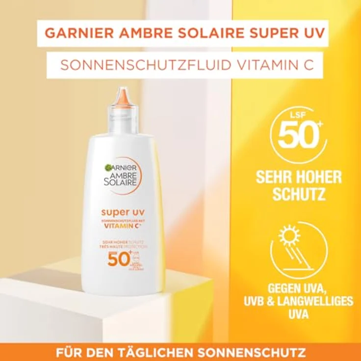 Garnier UV-Sonnenschutzfluid gegen dunkle Flecken, Sehr hoher Sonnenschutz mit LSF 50+, Unsichtbares Finish, Ambre Solaire Super UV Vitamin C Daily Fluid, 1 x 40 ml – Bild 2