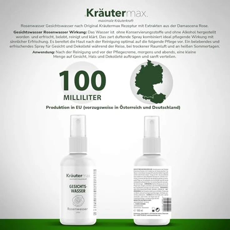 Kräutermax Rosenwasser Gesichtswasser 100 ml - Erfrischendes Gesichtsspray mit Damascena Rose-Extrakten, ohne synthetische Inhaltsstoffe – Bild 2
