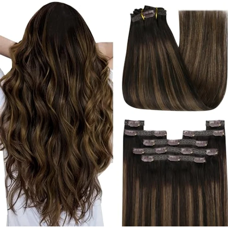 YoungSee Clip in Extensions Echthaar Braun Balayage 30cm, 80g, Dunkelbraun Ombre Mittelbraun, 7-teilig, Remy Haare für Damen, Hitzebeständig bis 180°C – Bild 1