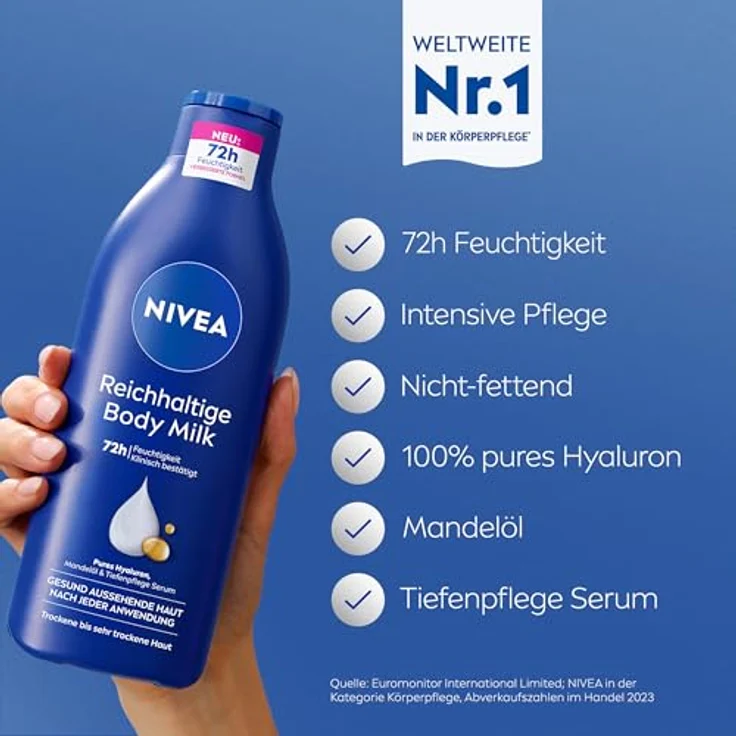 NIVEA Reichhaltige Body Milk, intensiv pflegende Körpercreme mit purem Hyaluron, Mandelöl und Tiefenpflege Serum, Lotion für trockene Haut (400 ml) – Bild 2