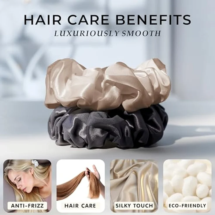 townssilk Seiden Scrunchie 2er-Set, 100% Maulbeerseide 6A/22 Momme, haarschonend & voluminös, OEKO-TEX® zertifiziert, elastisch ohne Abdrücke, coffee & Darkgrey – Bild 2