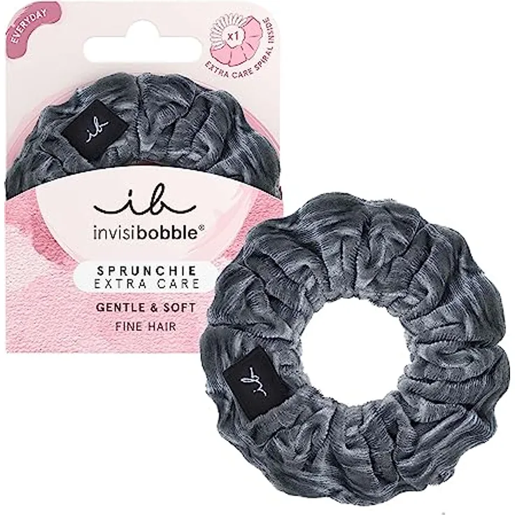 invisibobble Haargummi Extra Care Grau Scrunchie Soft as Silk, Haargummis starker Halt für Mädchen & Damen, Scrunchies Samt Grau, designed im Herzen Münchens