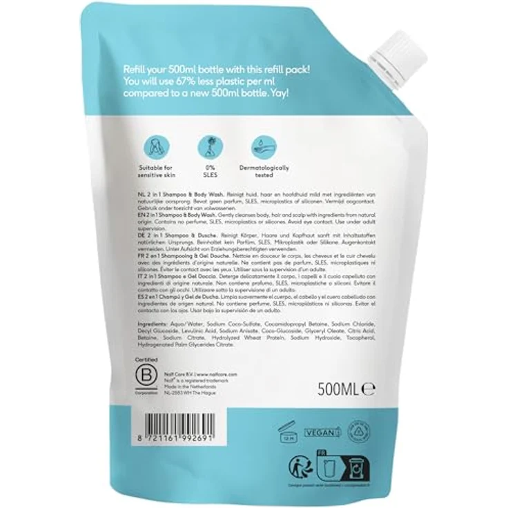 Naif Baby & Kids 2-in-1 Reinigungsgel und Shampoo für Kinder, nicht parfümiert, 500 ml, vegan, ohne SLS und SLES – Bild 2