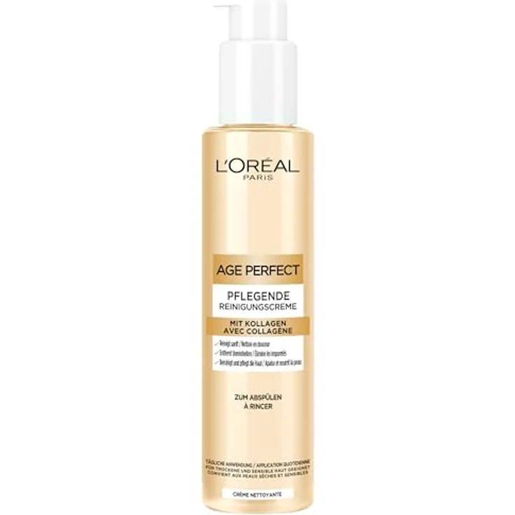 L'Oréal Paris Age Perfect Kollagen Experte Nährende Reinigungscreme, Creme-zu-Schaum-Reiniger für empfindliche und reife Haut, 150 ml