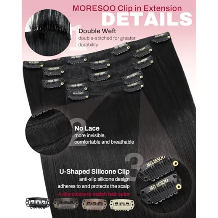 Moresoo Clip in Extensions Echthaar #1B, 25 cm, 80g, 5 Stück, unsichtbare Clips für natürliches Schwarz, langlebig und seidig – Bild 4