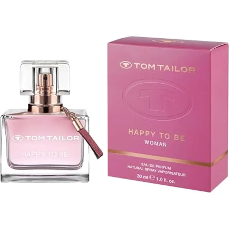 Tom Tailor® Happy To Be Eau de Parfum Natural Spray, veganer Damenduft in femininem Flakon mit Velours-Lederanhänger