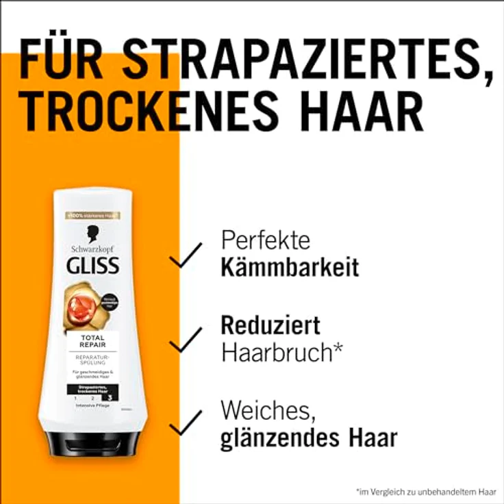 Gliss Total Repair Spülung (200 ml), Haarspülung für trockenes, strapaziertes Haar, mit flüssigem Keratin, 90% weniger Haarbruch – Bild 4