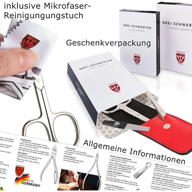 DREI SCHWERTER Nagelpflegeset 'Venezia', 3-tlg. Maniküre- & Pediküre-Set in weißem Echtleder Nageletui, MADE IN GERMANY, inkl. Nagelschere, Pinzette, Saphirnagelfeile – Bild 5