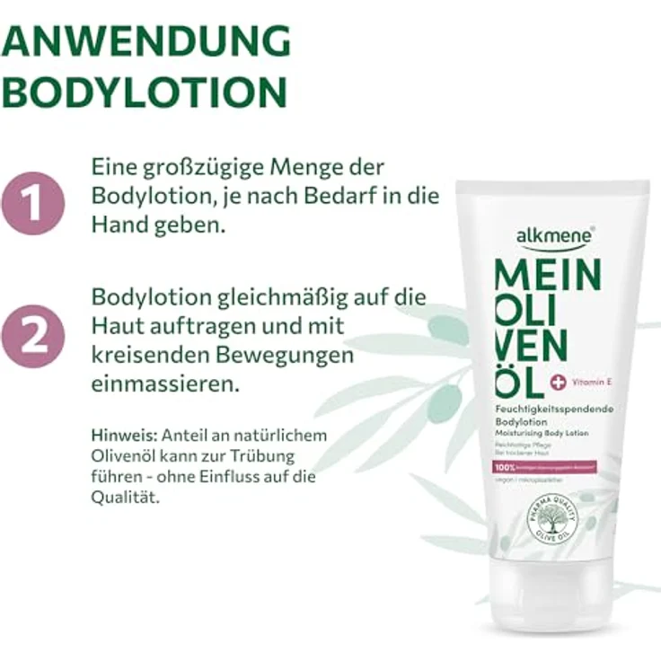 Alkmene Bodylotion für sehr trockene Haut, 200 ml - mit 100% Reduktion von Spannungsgefühlen, vegan, Olivenöl & Vitamin E, dermatologisch getestet – Bild 4