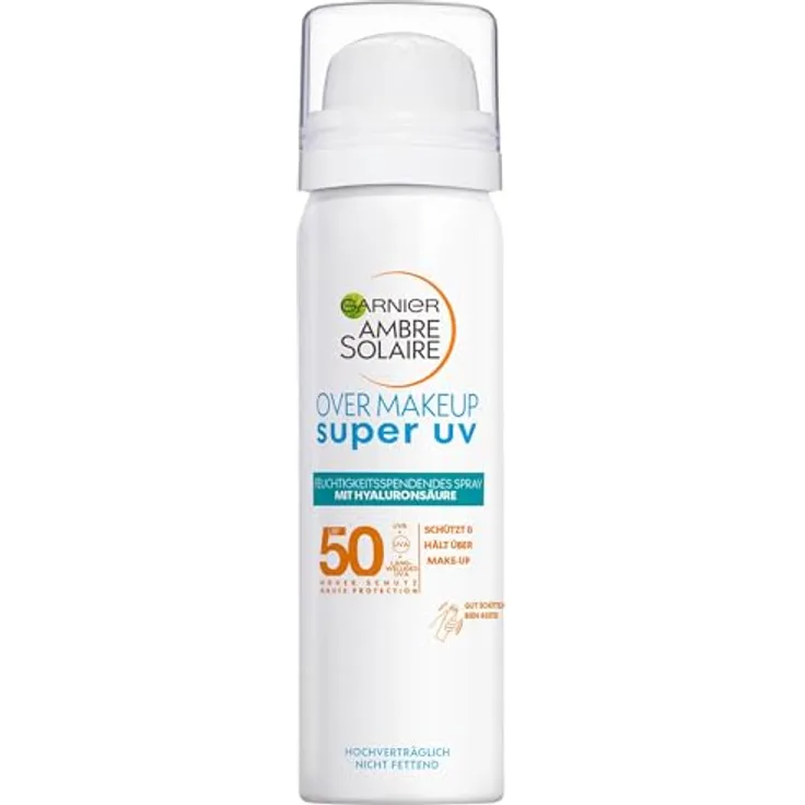 Garnier Super UV Over Make-up Spray mit LSF 50, Schutz für das Gesicht gegen UV-Strahlen und äußere Umwelteinflüsse, Mit feuchtigkeitsspendender Hyaluronsäure, Ambre Solaire, 1 x 75 ml