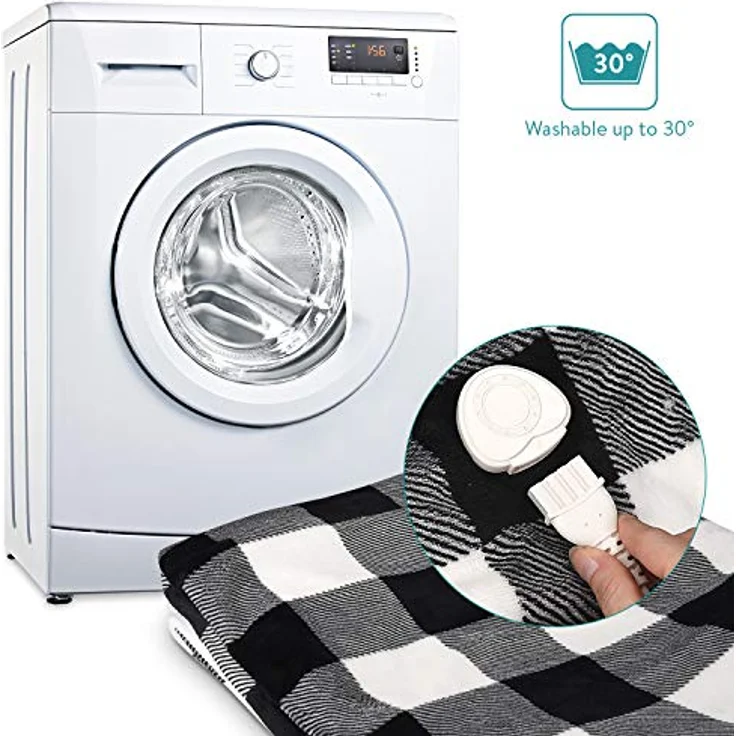Navaris Heizdecke, XXL Elektrische Wärme Decke 180x130cm 3 Wärmestufen Abschaltautomatik waschmaschinengeeignet Kuschelige Bett Wärmedecke kariert schwarz, weiß – Bild 5