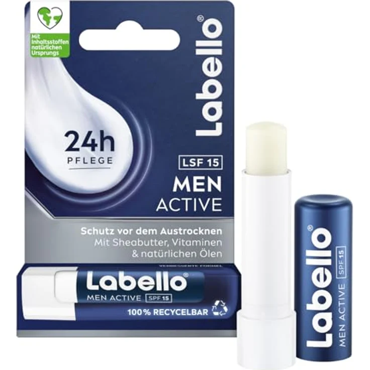 Labello Men Active Lippenpflegestift mit LSF 15, 24h Feuchtigkeit, Sheabutter und natürliche Öle, 4,8 g – Bild 1