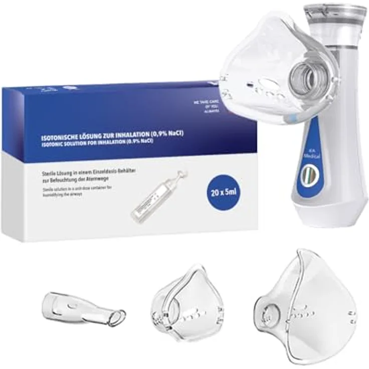 IEA Medical Inhalator & Kochsalzlösung Set, tragbares Inhalationsgerät mit 0,9% NaCl, für Erwachsene & Kinder, inkl. Mundstück und Masken