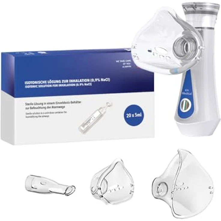 IEA Medical Inhalator & Kochsalzlösung Set, tragbares Inhalationsgerät mit 0,9% NaCl, für Erwachsene & Kinder, inkl. Mundstück und Masken – Bild 1