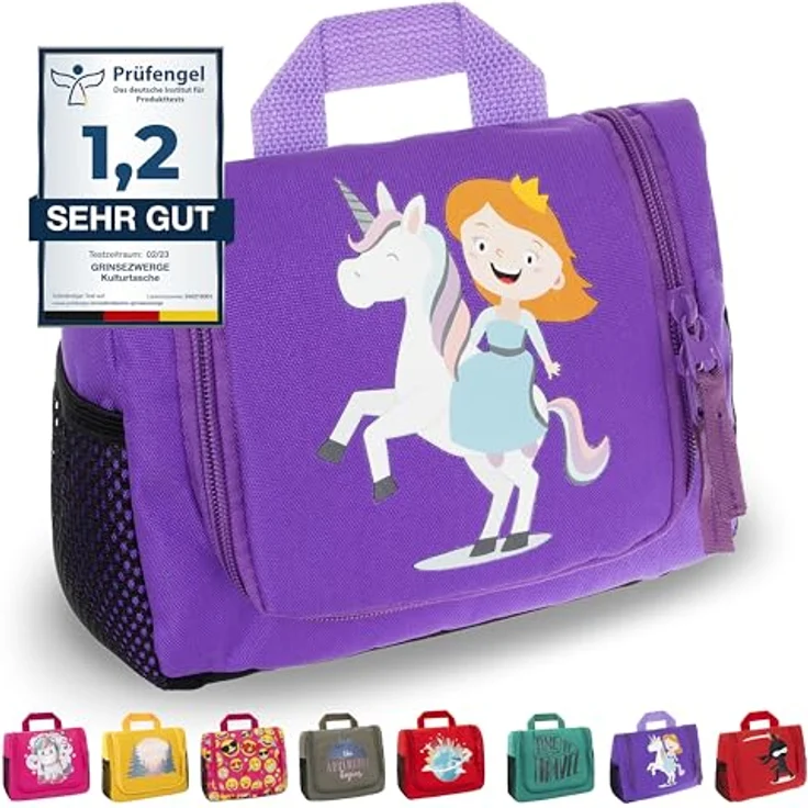 GRINSEZWERGE Kinder Kulturtasche, Reise Kulturbeutel zum Aufhängen mit großem Hauptfach, 7 Fächern, abnehmbarem Spiegel und Namensschild – Bild 1