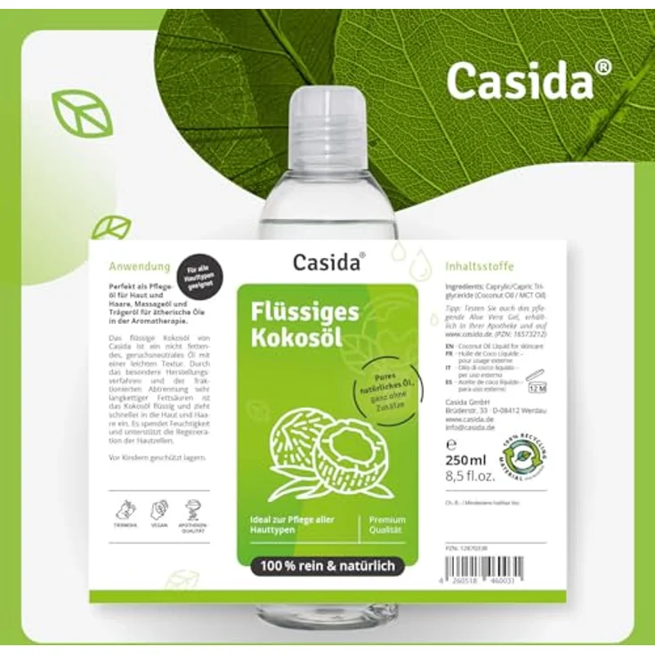 Casida Kokosöl Flüssig pur & Natürlich Körperöl 250 ml – Bild 11