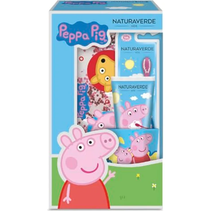 Naturaverde | Peppa Wutz Geschenkset Oral Care Handzahnbürste, Zahnpasta Kinder Geschmack Erdbeere 75ml, Glas und Glitzer Tasche
