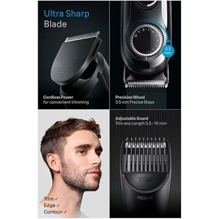 Braun Series 3 BT3400 Barttrimmer & Haarschneider, 0,5–10 mm, 20 Längeneinstellungen, 50 Min Akku, Edelstahlklingen – Bild 5
