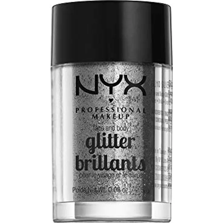 NYX Professional Makeup Face & Body Glitter Brillants Glitter für Körper und Gesicht, Farbton 10 Silver, 2.5 g, Hochpigmentierter Lidschatten mit Glitzereffekt