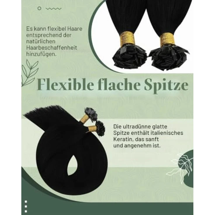 Ugeat Flat Tip Extensions, Echthaar Bonding Schwarz, Remy Haarverlängerung 45 cm, 50g, 50 Strähnen – Bild 2