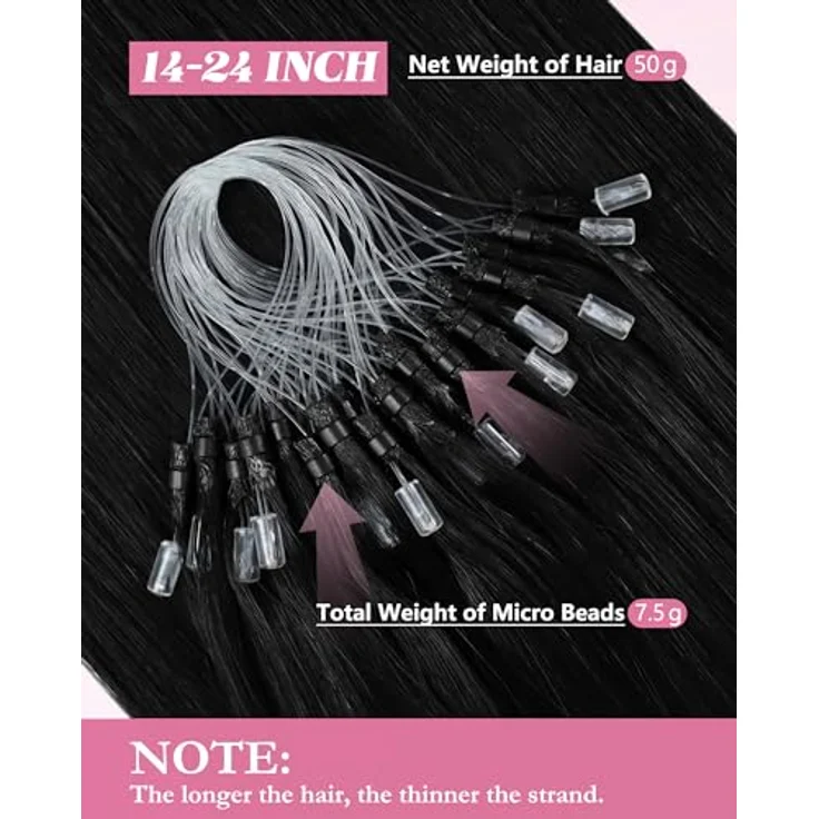 YoungSee Microring Extensions Echthaar 45cm, Invisible Micro Loop Haarverlängerung in Schwarz, 50 Strähnen, sanfte Kaltfusion, natürliches Tragegefühl – Bild 3