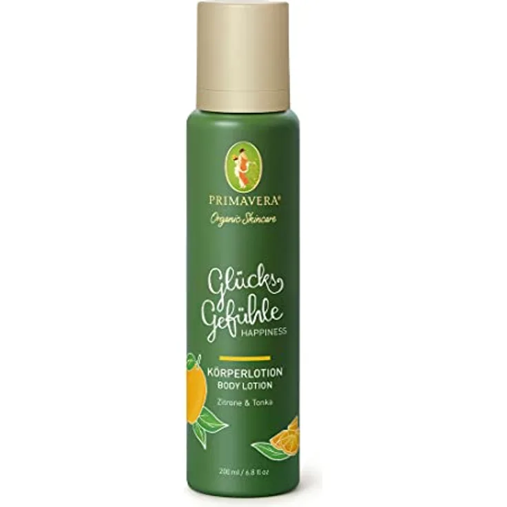 PRIMAVERA Glücksgefühle Körperlotion 200 ml – Bodylotion, Naturkosmetik - Zitrone, Tonka Duft – spendet Feuchtigkeit, aktiviert, belebt, pflegt - vegan
