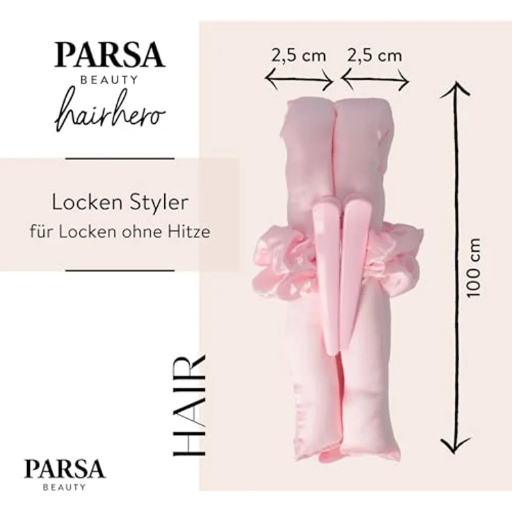 PARSA Beauty Locken Styler, hitzefreies Lockenwerkzeug mit rosafarbenem Satin-Obermaterial, sanft zum Haar, ideal für Nachtstyling, inkl. Druckknöpfen und Scrunchies – Bild 2
