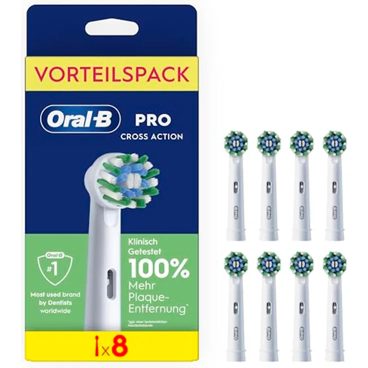 Oral-B Pro CrossAction Aufsteckbürsten, ORIGINAL Zahnbürstenaufsatz mit X-förmigen Borsten für überlegene Zahnreinigung, Weiß, 8 Stück