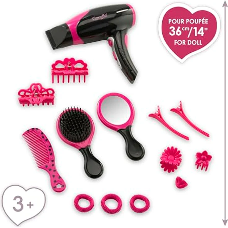 Corolle MaCorolle Haarstyling Set, 14 Teile, Stylingzubehör mit Fön, elektrischer Funktion, Bürste, Kamm, Spiegel, Haarclips und Gummis, ab 3 Jahre – Bild 3