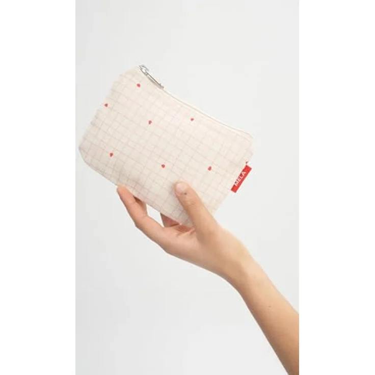 MELAWEAR Kleine Kosmetiktasche aus Bio-Baumwolle – Kulturbeutel, Make-Up Etui & Federtasche, kompakt, vegan, Greige/Candy Grid Print, GOTS- und Fairtrade-zertifiziert – Bild 3