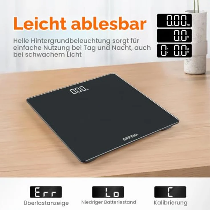 GRIFEMA GA2001-28 Digital Personenwaage mit 180 kg Maximalgewicht, 28×28 cm, Schwarz, Sicherheitsglas, großes LED-Display – Bild 3