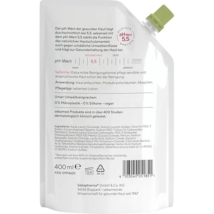 Sebamed seifenfreie Waschemulsion Olive Nachfüllbeutel 400 ml, Pflegekomplex mit Olivenöl und Panthenol, milde Reinigung für sensible Haut, dermatologisch getestet – Bild 2
