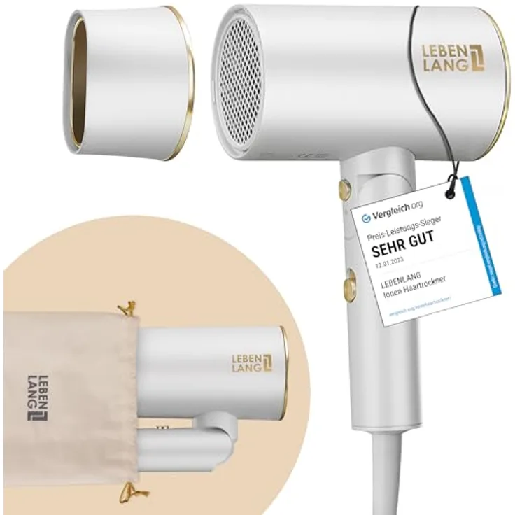 LEBENLANG Föhn Haartrockner Ionen 2100W, klappbar und leicht mit Anti-Spliss & Kaltluftmodus, inkl. Reisebeutel - schwarz