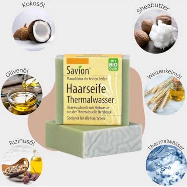 Savion Haarseife mit Thermalwasser | Naturkosmetik für alle Haartypen | Vegan | Palmölfrei | Bio-Haarseife mit Heilwasser | Für glänzendes und kräftiges Haar 85g – Bild 2