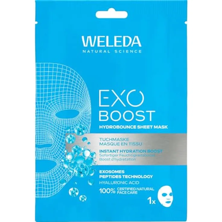 Weleda Bio Exo Boost Hydrobounce Tuchmaske, Gesichtsmaske mit Hyaluronsäure und EXOSOMES PEPTIDES TECHNOLOGY für Feuchtigkeitsboost und strahlenden Glow, 20ml, vegan
