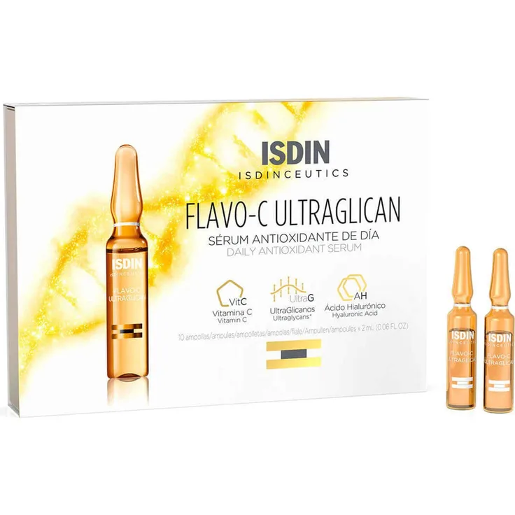 Isdin ISDINCEUTICS flavo-c ultraglican Antioxidans-Serum, 10 Ampullen x 2 ml (20 ml), feuchtigkeitsspendend und Anti-Aging